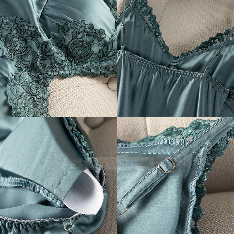 Robe de nuit en Satin pour femmes, en dentelle, Sexy, bretelles Spaghetti, vêtements de nuit doux, avec coussinets