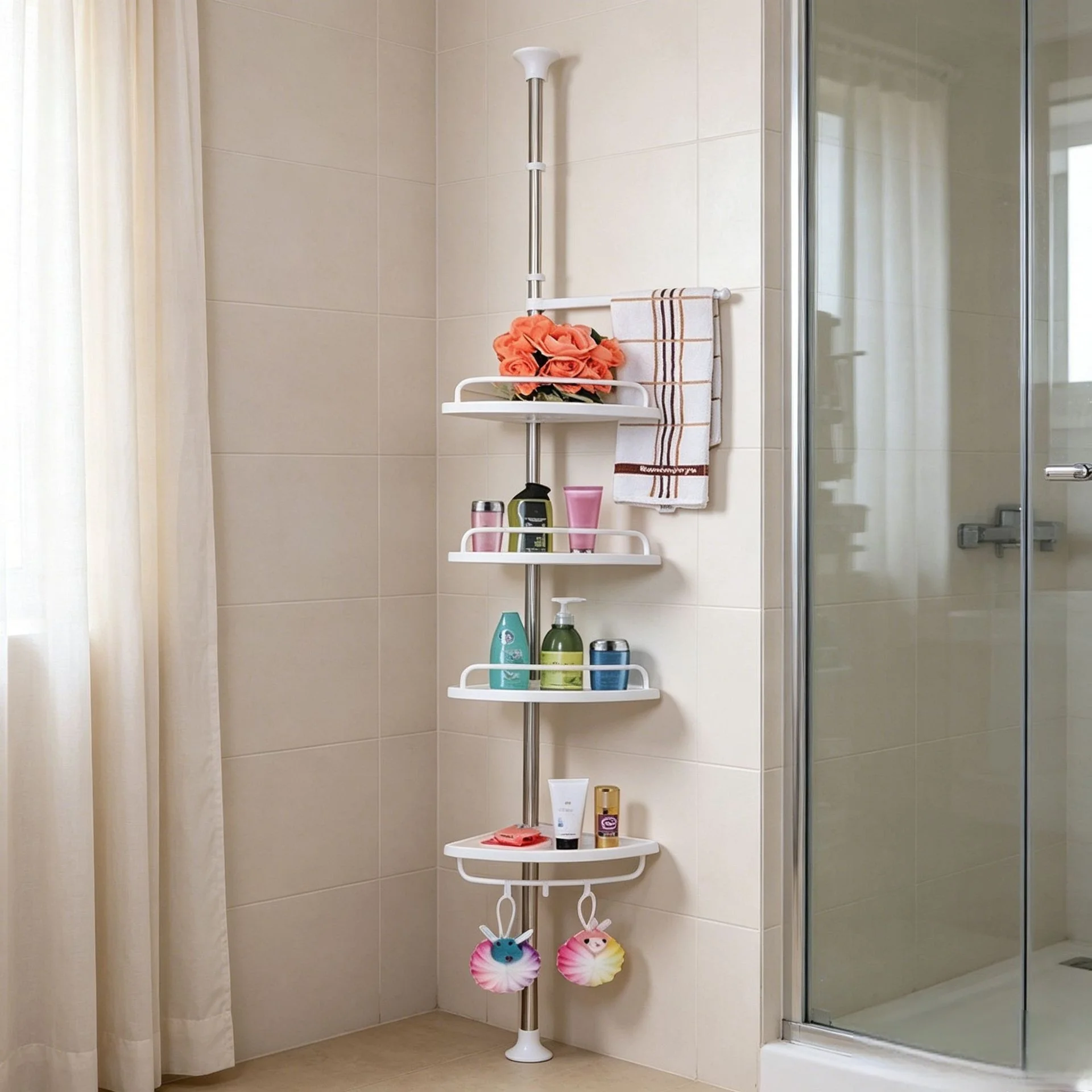 No Drill Tension Pole Corner Shower Shelf Stainless Steel Telescopic Multi Layer Bathroom Storage Organizer Wall Free Standing