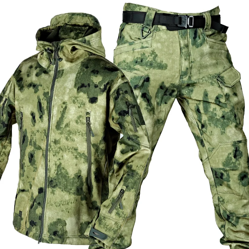 Jaqueta de camo impermeável masculina e conjunto de calças carga, jaqueta com capuz Soft Shell, bolso múltiplo, ternos retos, pele de tubarão, inverno, 2 peças