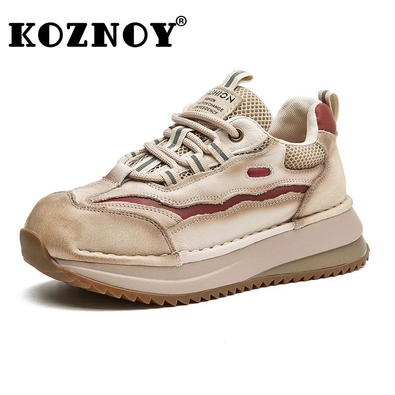 

Koznoy 4cm Air Mesh Genuine Leather Women Summer Hidden Heel Breathable Lady Chunky Sneakers Platform Vulcanize High Brand Shoes