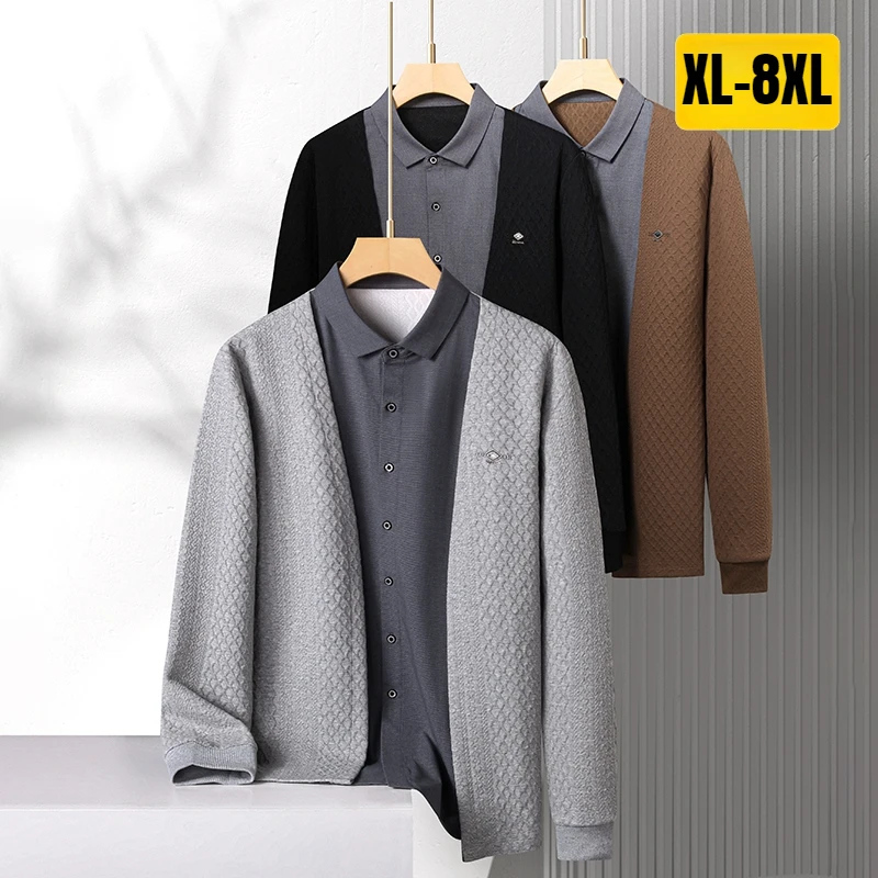 Plus Size 8XL Fake Two Pieces Spring Autumn Men's Shirts High Quality Long Sleeve Solid Color Casual Cotton Male Dress Shirts