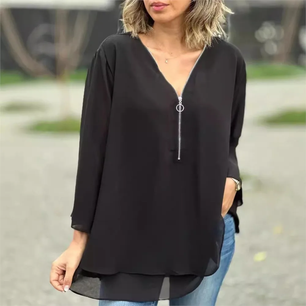 Spring Autumn New V Neck Seven-point Sleeve Chiffon Women Shirt Fashion Metal Zipper Loose Casual All Match Street Female Shirt