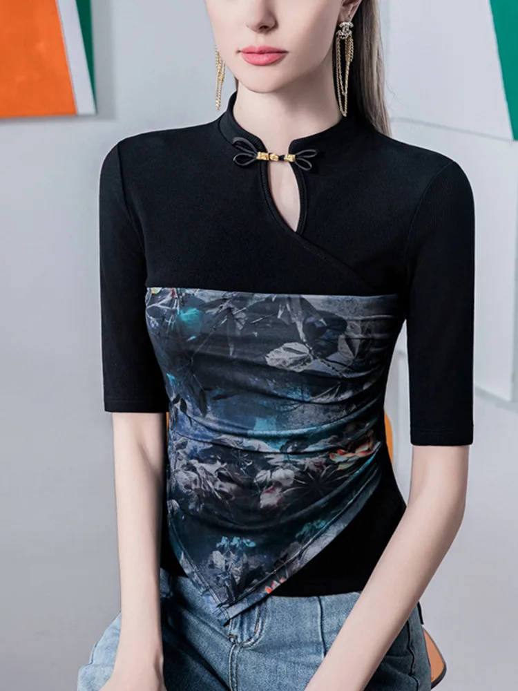 Chinese Cheongsam Stand Up Collar T-Shirt For Women With Quarter Sleeves, 2025 Summer New Button Print Patchwork, Medium Sleeved