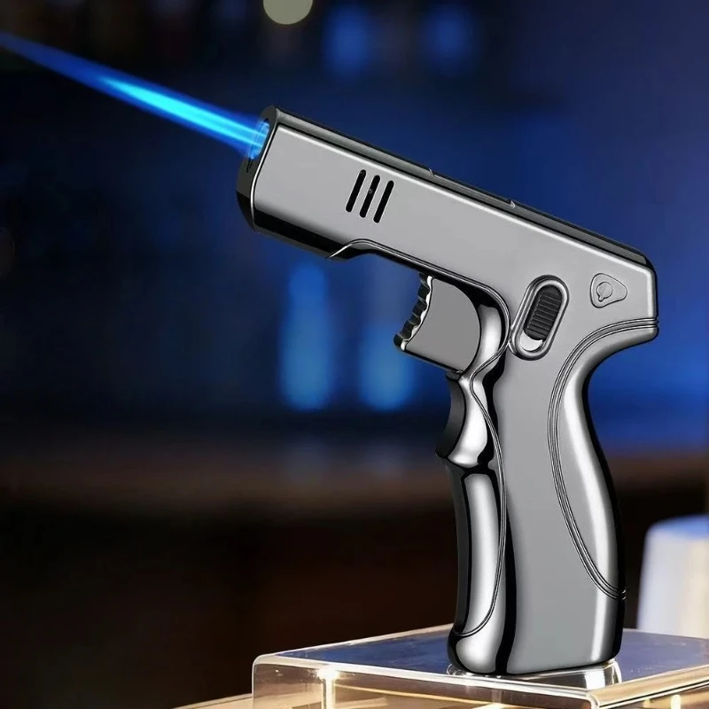 Pistol Semprot Logam Tahan Angin Jet Api Biru Pengunci Keamanan Saklar 360 °   Pemantik Api Terbalik untuk Dapur Luar Ruangan dan Pemantik Cerutu