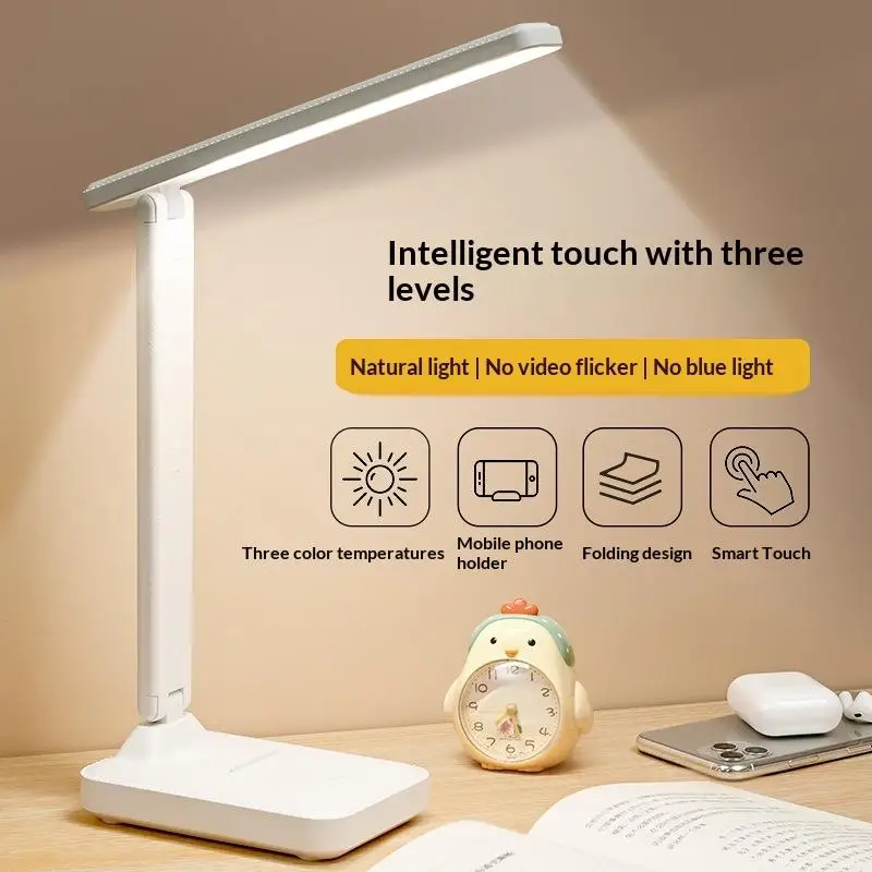 Touch-controlled Desk Lamp, 3-step Dimming, Eye-friendly LED Night Reading Light, USB-Chargeable Foldable Table Lamp