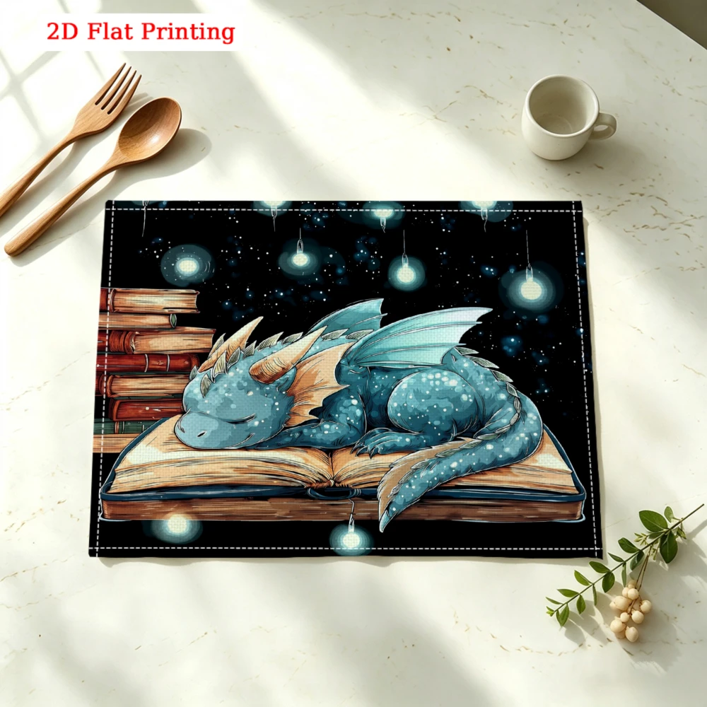 Sleeping Dragon On Open Book Kitchen Placemat Coaster Linen Pad Dish Coffee Cup Table Mat 30x40cm Home Decor