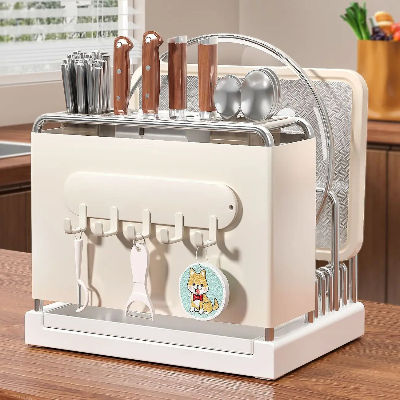 Carbon Steel Kitchen Knife Cutting Board Organizer Five Slots Dual Chopstick Cups Drip Tray Optional Magnetic Pot Lid Holder