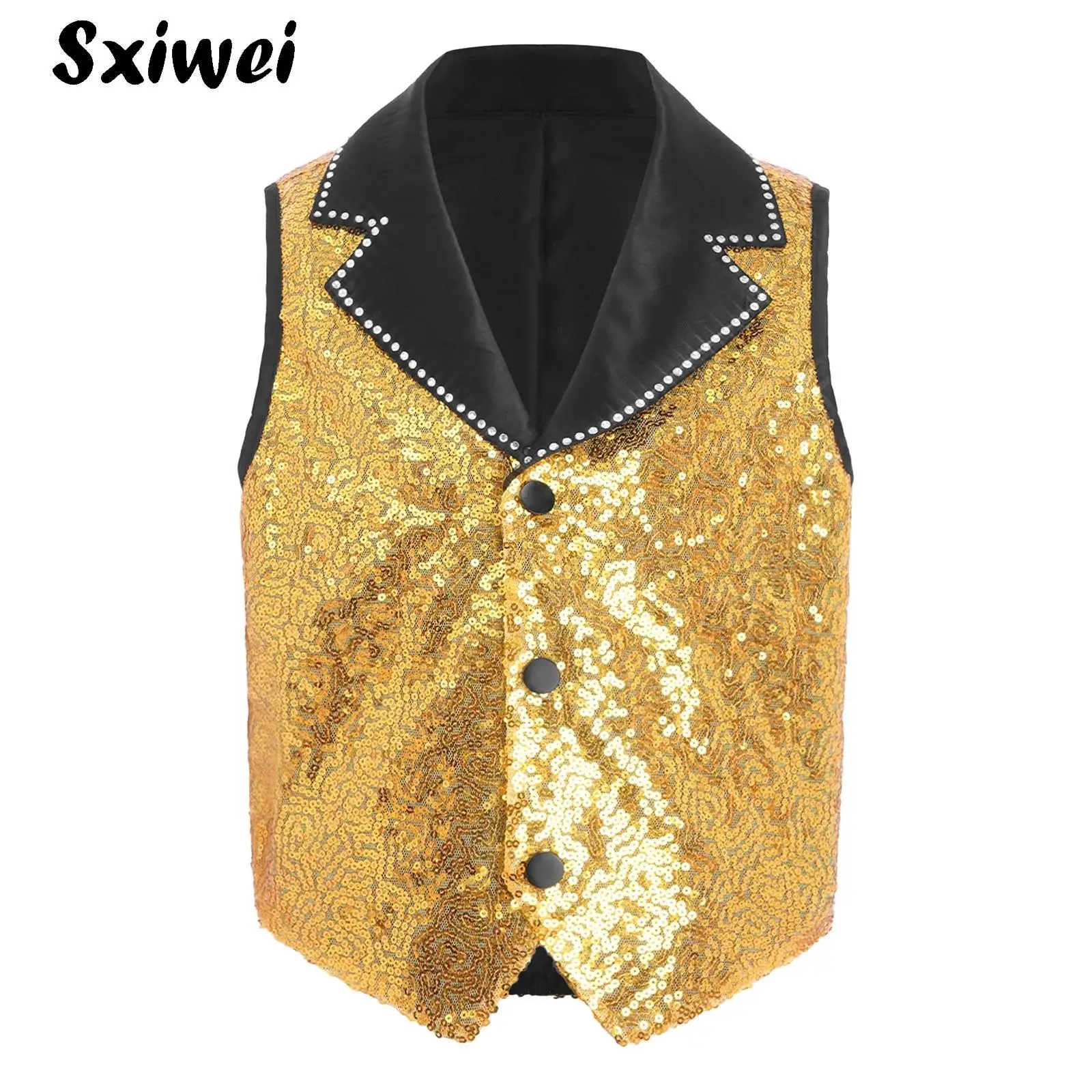 

Kid Boys Girls Sparkly Sequins Waistcoat Jacket Top Jazz Hip Hop Dance Vest Lapel Asymmetrical Hem Outerwear Disco Streetwear