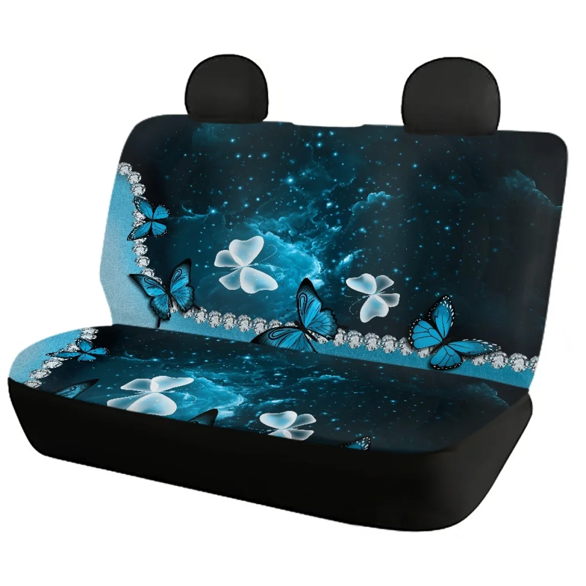 Blue Milky Way Butterfly Car Front/Rear Seat Covers Leather Design Pattern Vehicle Accessories Seat Cover Full Set Elastic Soft