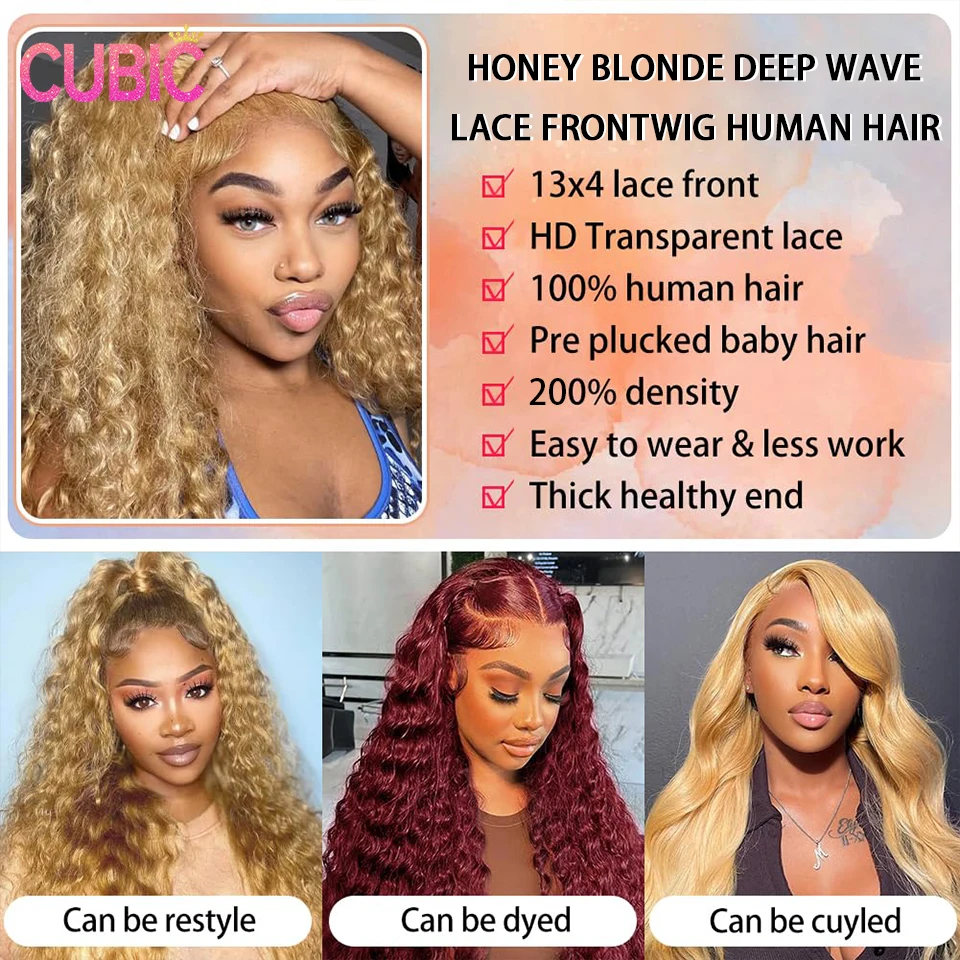 Honingblonde Krullende Kant Voorkant Pruiken Menselijk Haar 13X4 Hd Kant Blonde Deep Wave Human Hair Pruik 200% Dichtheid Pre Geplukt #27 Gekleurd