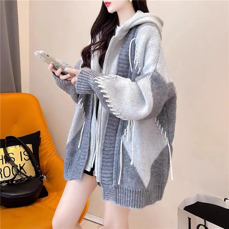 

Women Coat Cardigan Sweaters Coats Hooded Zipper Jackets Full Sleeve Y2k Streetwear Elegant Knit Open Stith Autumn Winter