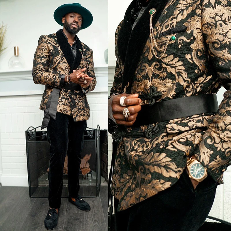 

Floral African Men Suits for Men with Black Velvet Shawl Lapel 2 Piece Wedding Tuxedo Jacket Pants Slim Fit Male Fashion Clothes