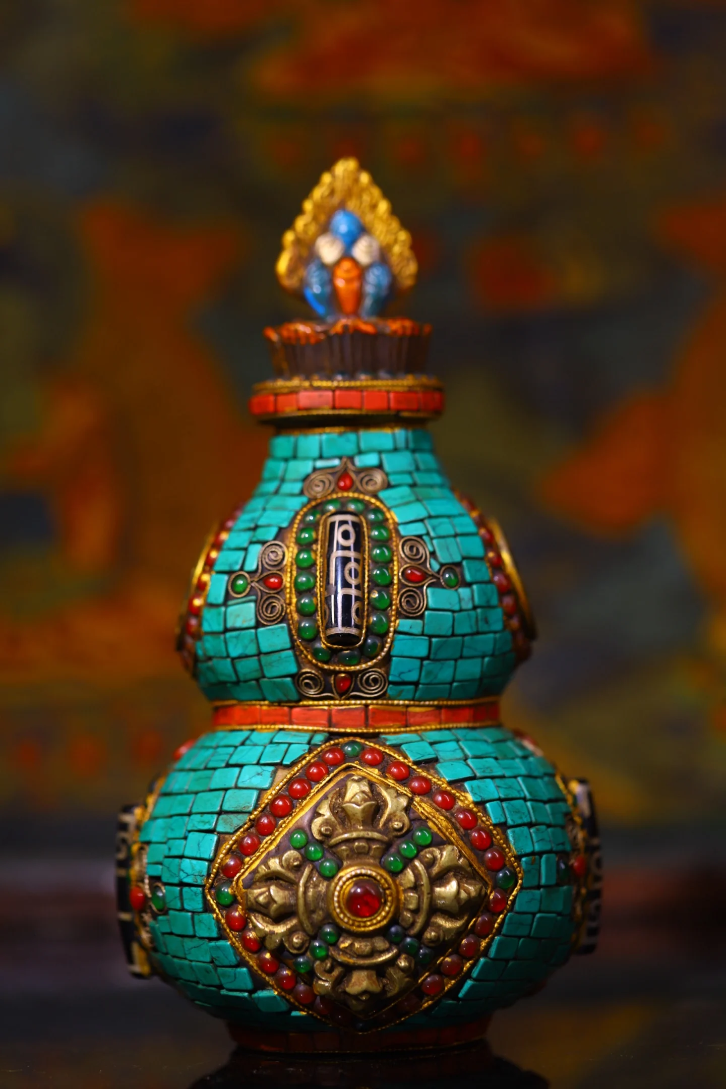 

8"Collection Old Crystal Painted Mosaic Gem gZi Beads Turquoise Gourd Painted Amulet Dharma Worship Hall Town House