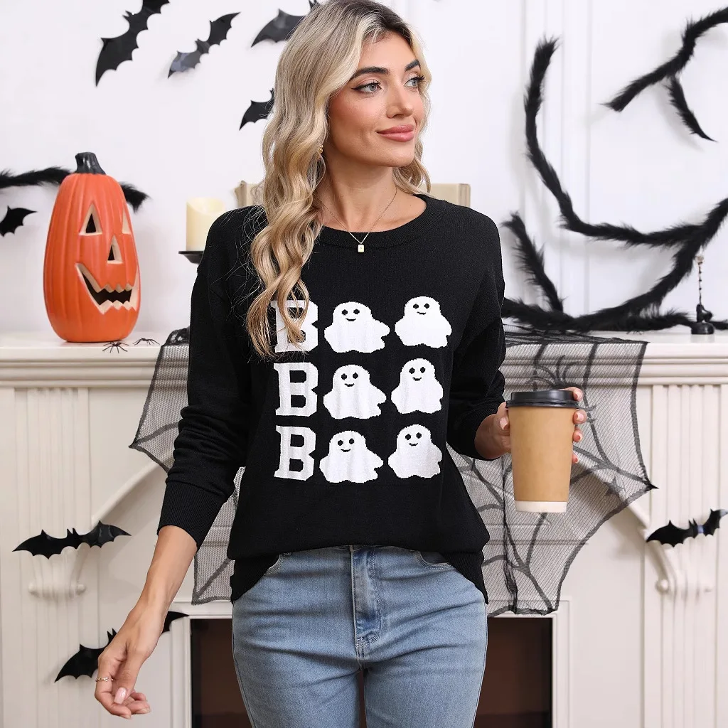 Embroidered round Ne Knit Sweater Casual loween Design Long Sve Mid-Length Women's Comfortable Commute Sle Sweater