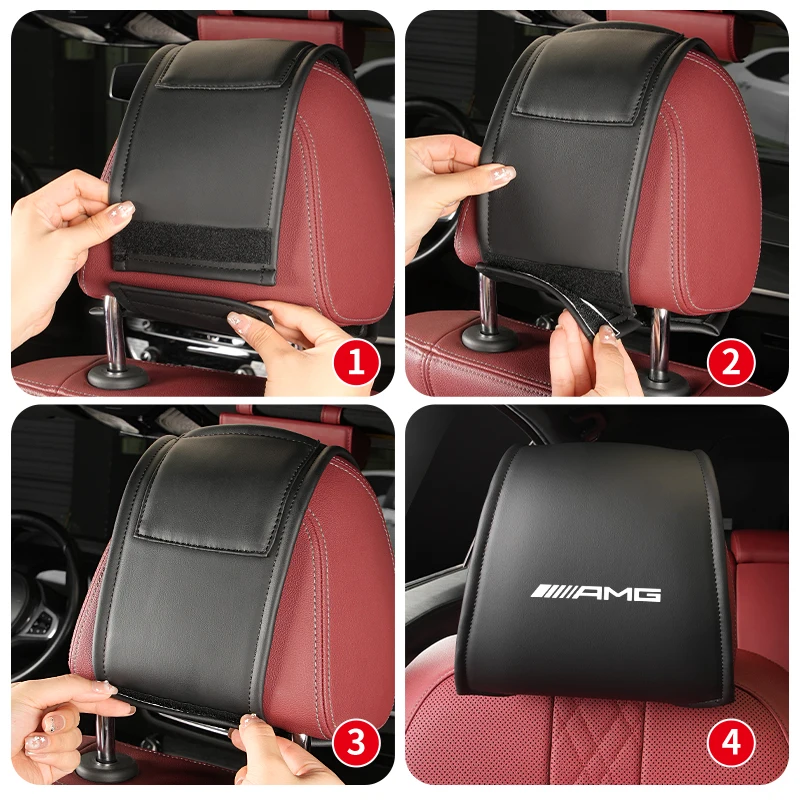 2PCS Leather Car Seat Headrest Protective Cover Accessories For Mercedes Benz AMG A B C E Class A180 CLK CLA GLE W212 C200 C300