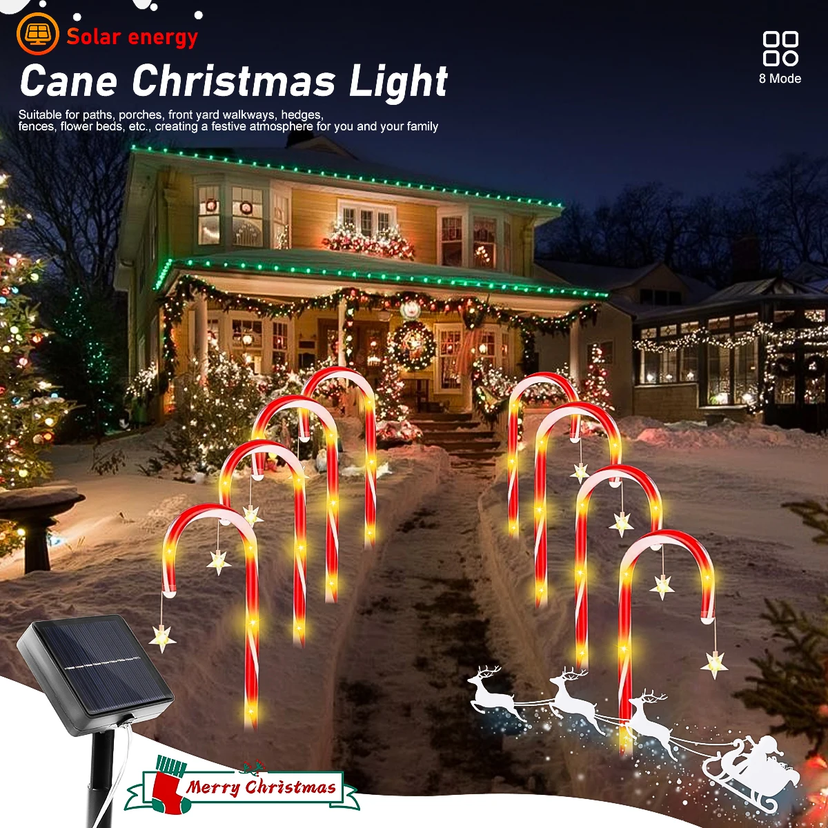 عيد الميلاد أضواء قصب الحلوى الشمسية 4 قطعة 8 وضع الإضاءة مقاوم للماء حديقة الطاقة الشمسية الجنية ضوء للخارجية عطلة المنزل ساحة الحديقة