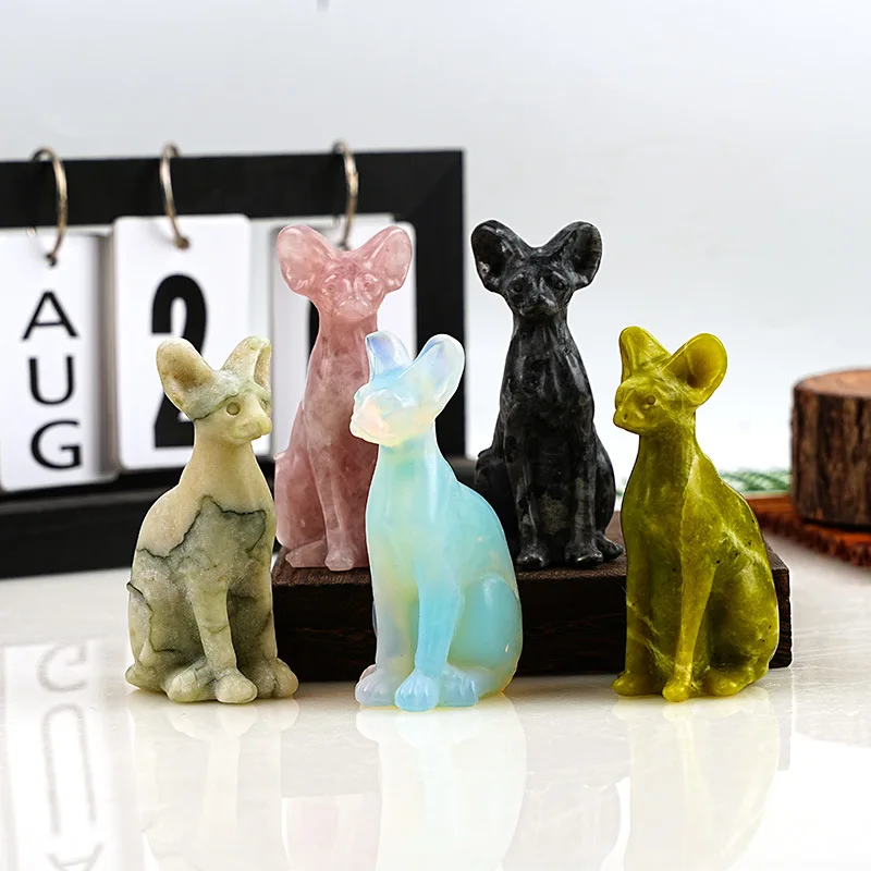 Natural Crystal Egyptian Cat Sculpture - Hairless Sphynx Cat Carving from Raw Stone, Animal Figurine Art Decor for Home Altar