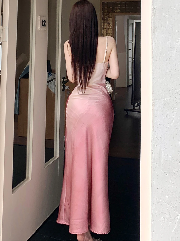 Verão gradiente rosa acetato cetim estilingue vestido longo feminino coreano vintage vestido de noite de luxo 2025 novo elegante bodycon vestidos