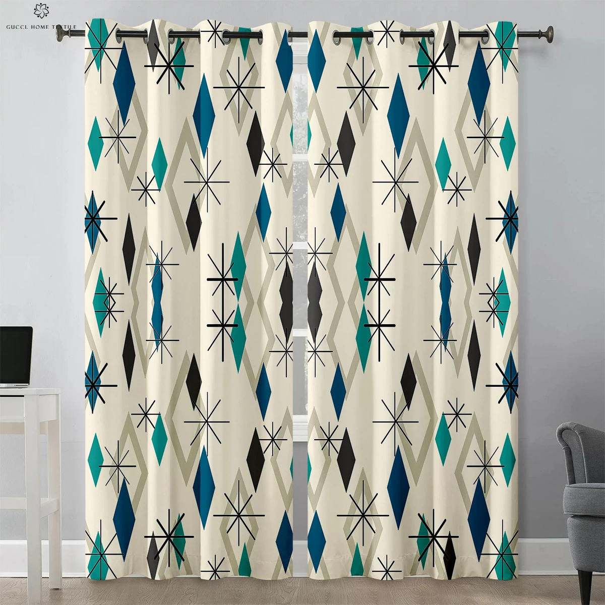 Geometric Pattern Printed Curtains, High Blackout Curtains, Heat Insulation, Window Decoration, 2 Pcs