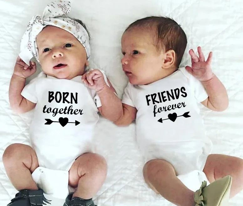 1 Pc Born Together and Friends Forever Baby Summer Short Sleeves Jumpsuit Twins Baby Bodysuits Toddler  Casual Ropa