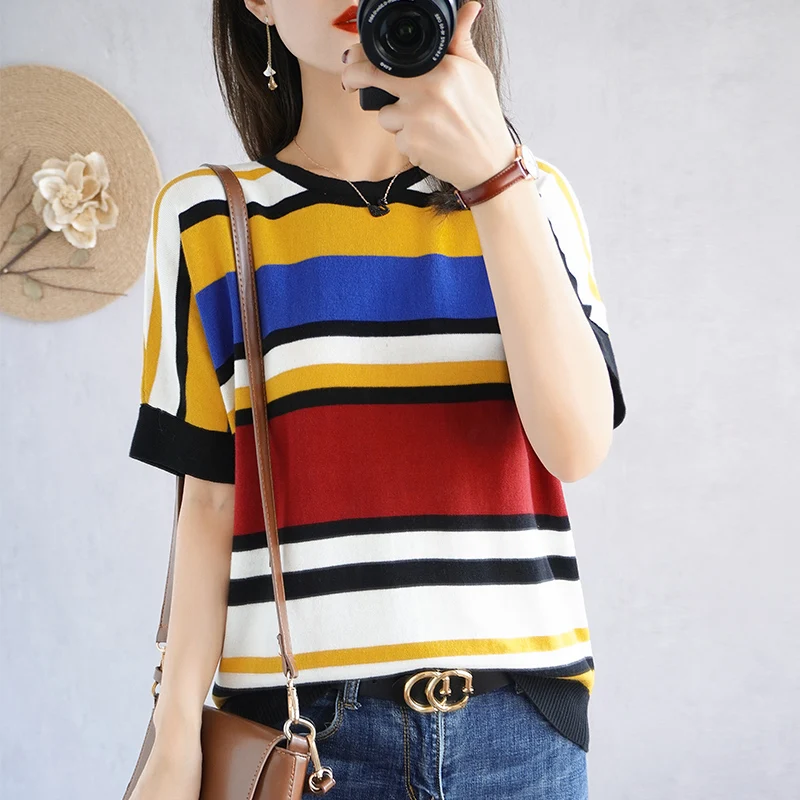 T-shirt Women's 2023 Summer New 100% Cotton Knitted Sweater Short Sleeve Casual Pullover Color-blocking Round Neck Women's Top