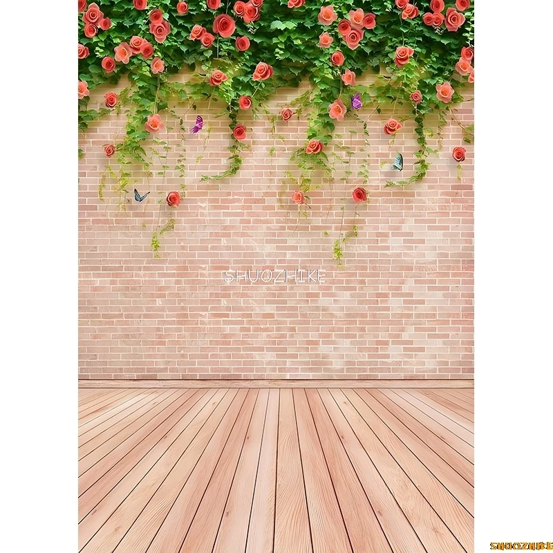 Shuozhike-レンガの壁と木製の床のテーマ写真の背景、ポートレート、子供の家の写真スタジオの背景、QY-82