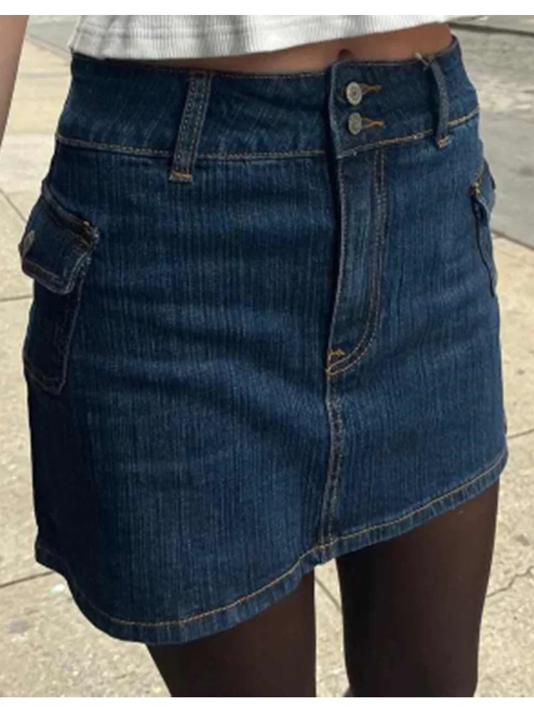 Casual Women Fashion Blue Denim Mini Skirts 2023 Summer Vintage High Waist Side Pockets Female Bottoms Mujer