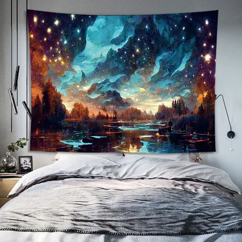 VIKAMA Starry Sky Full Moon Cloud Sea Tapestry, High Definition Wear-Resistant Fabric Wall Art for Living Room Decoration