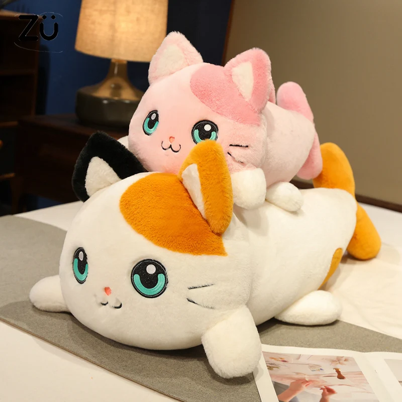 50-100cm Large Plush Pillow Cute Stuffed Animal Cat Toys Kitten Cosplay Fish Soft Doll Purple Pink Kawaii Pillow Cushions