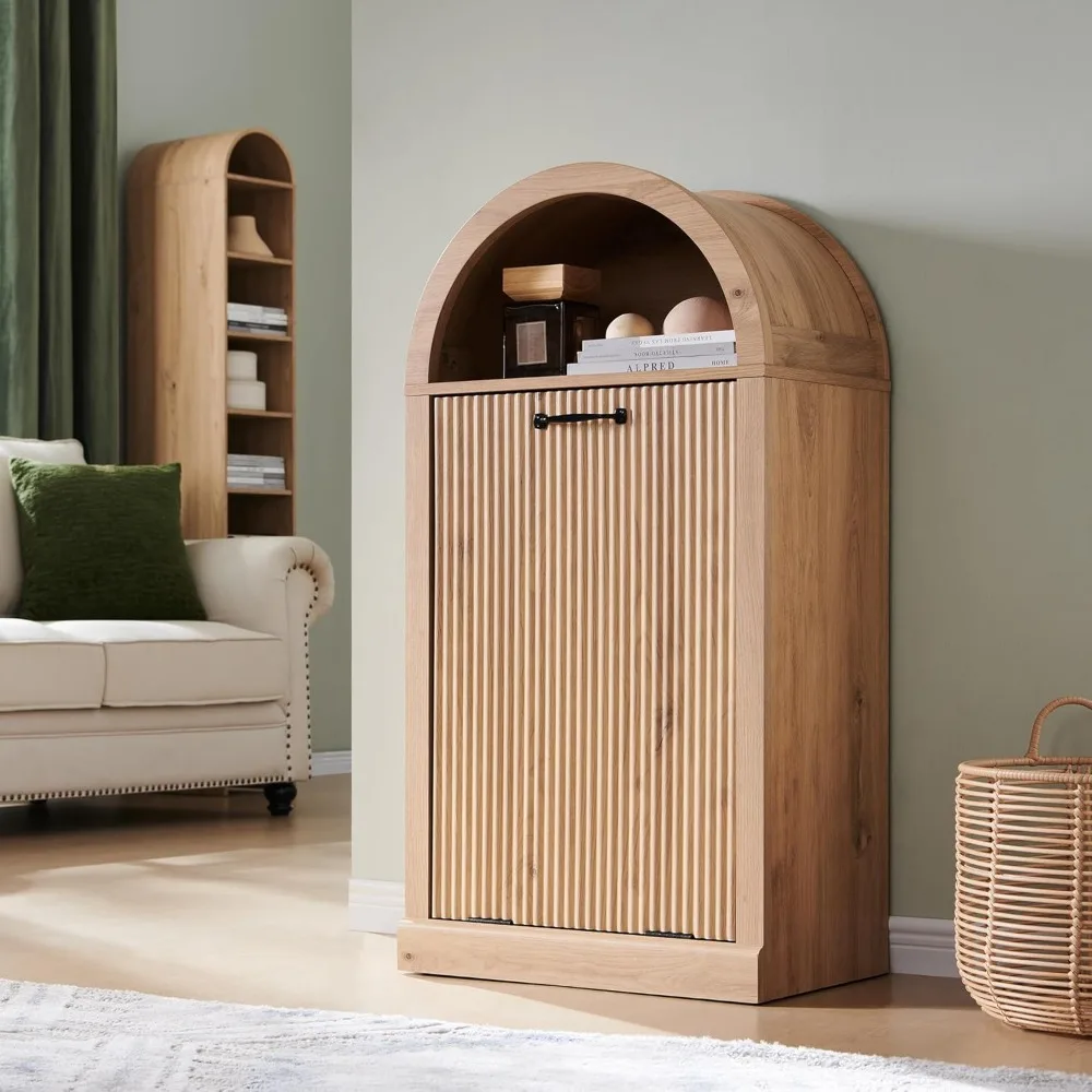 

Arched Tilt-Out Trash Can Cabinet,Modern Laundry Hamper Cabinet, Hidden Garbage Can with Storage Basket for Kitchen