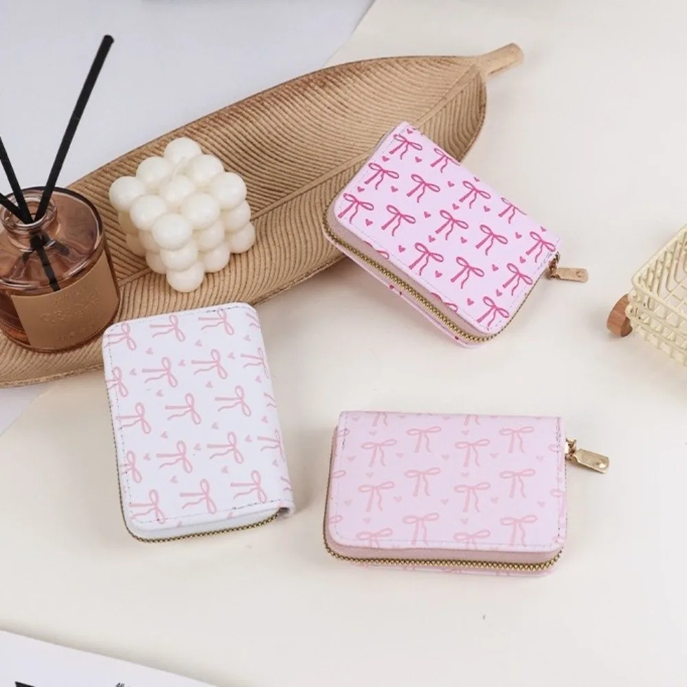 かわいいリボン付きカードホルダー PUレザー ジッパー付きミニコインパース 携帯用マルチスロットトラベルウォレット