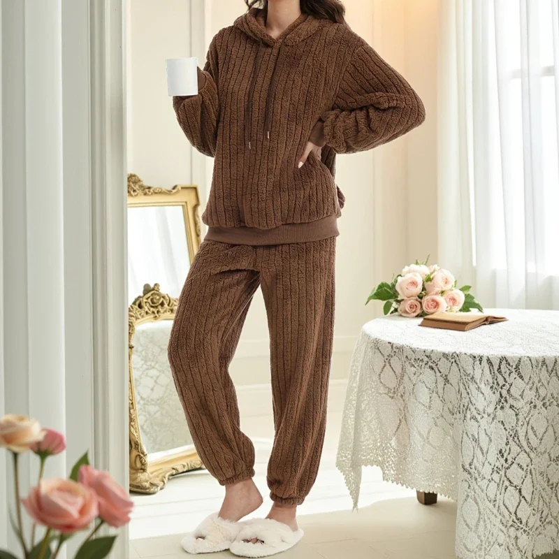 Coral Fleece Solid Color Winter Thickened Thermal Hooded Drawstring Pajamas Loungewear