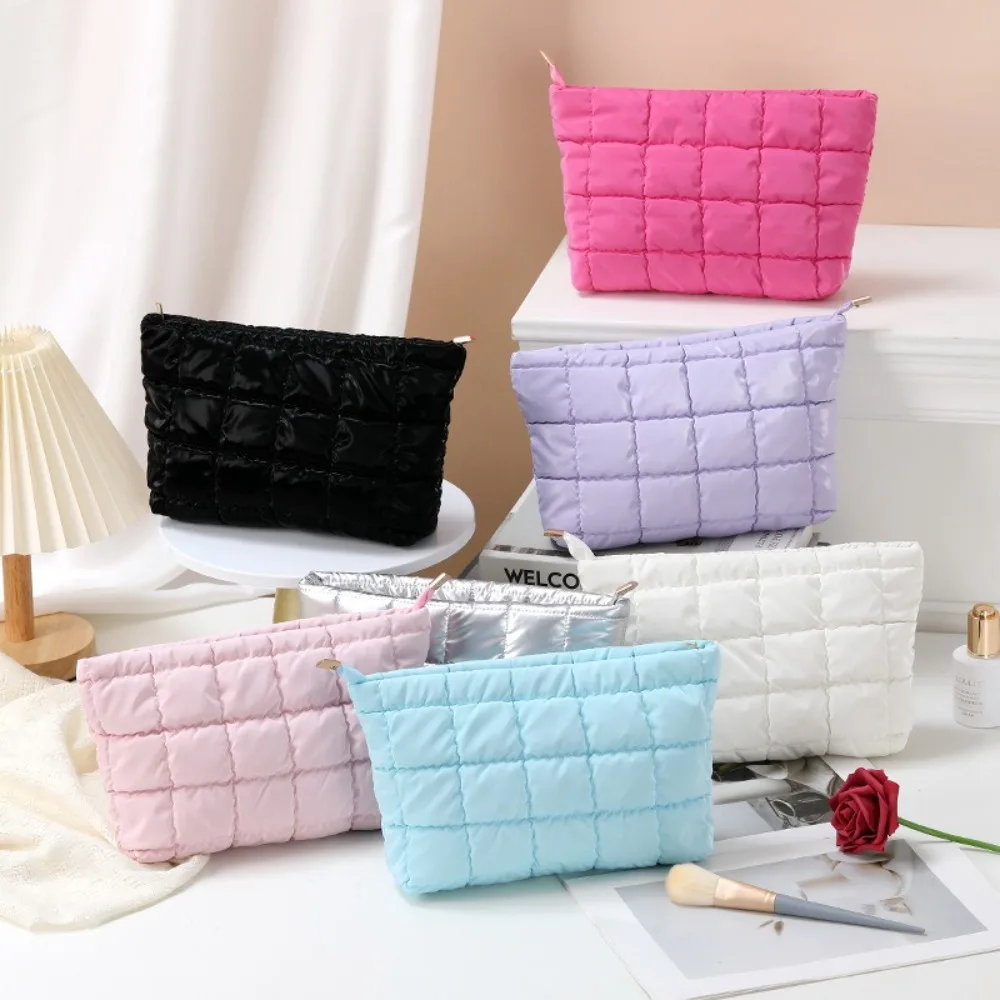 Portable Large Capacity Cosmetic Bag Cotton Bubble Texture Makeup Bag Pure Color Storage Bag Travel