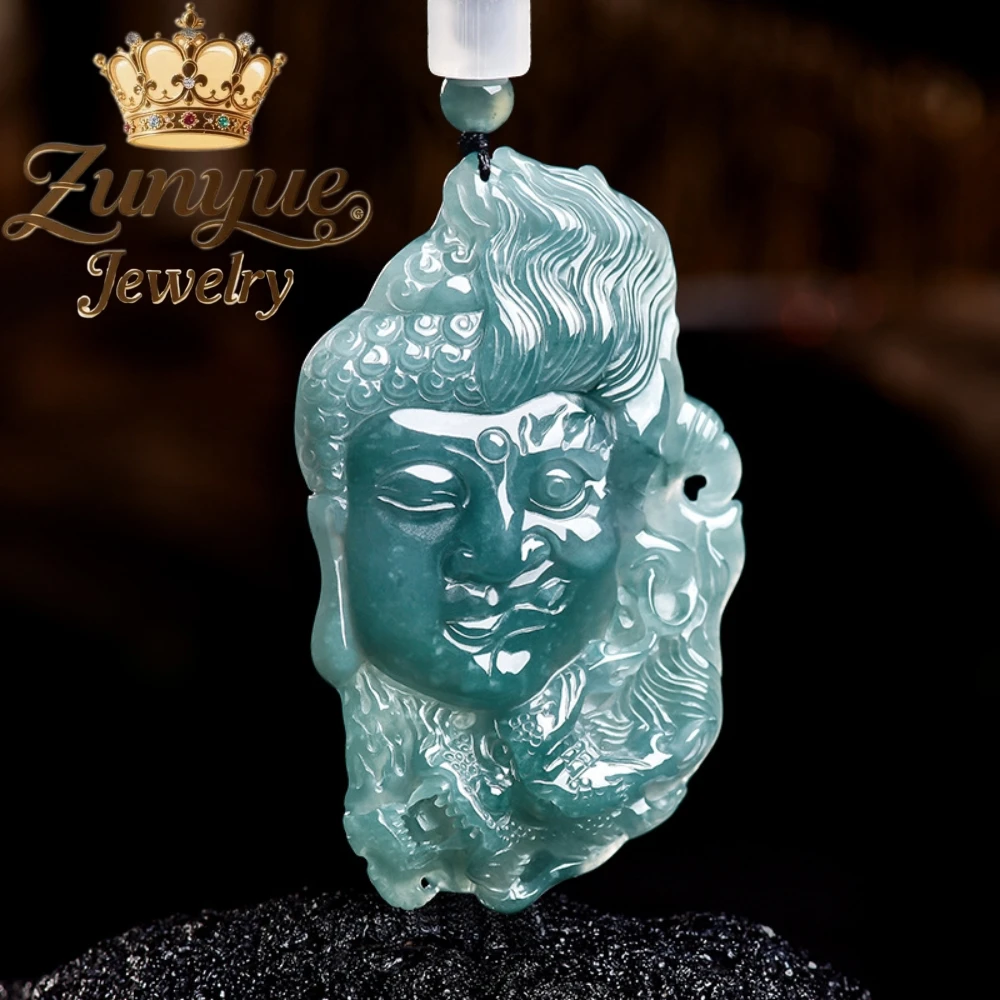 A-Grade Natural Blue Water Jadeite Buddha Devil Face Pendant Hand Carved Necklace Charm Fashion Daily Wear Jewelry Unisex Gift