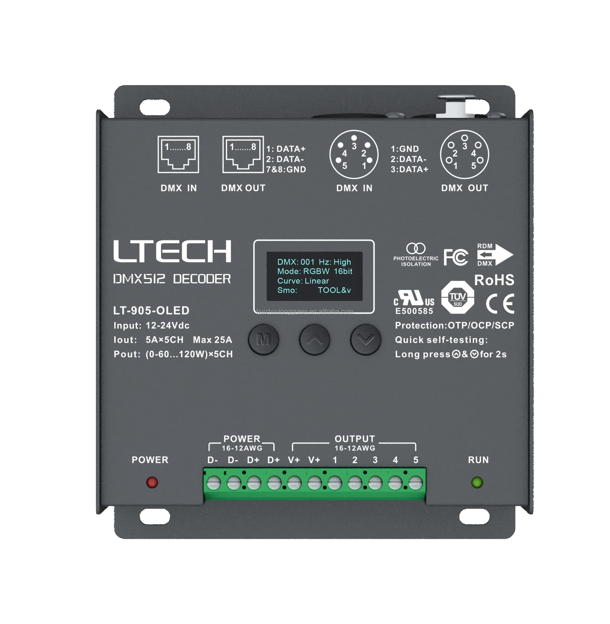 Ltech 5CH 5a CV DMX512 Decoder LT-905-OLED with OLED Display l DIM/CT/RGB/RGBW/RGBWY App Remote control for stage lighting