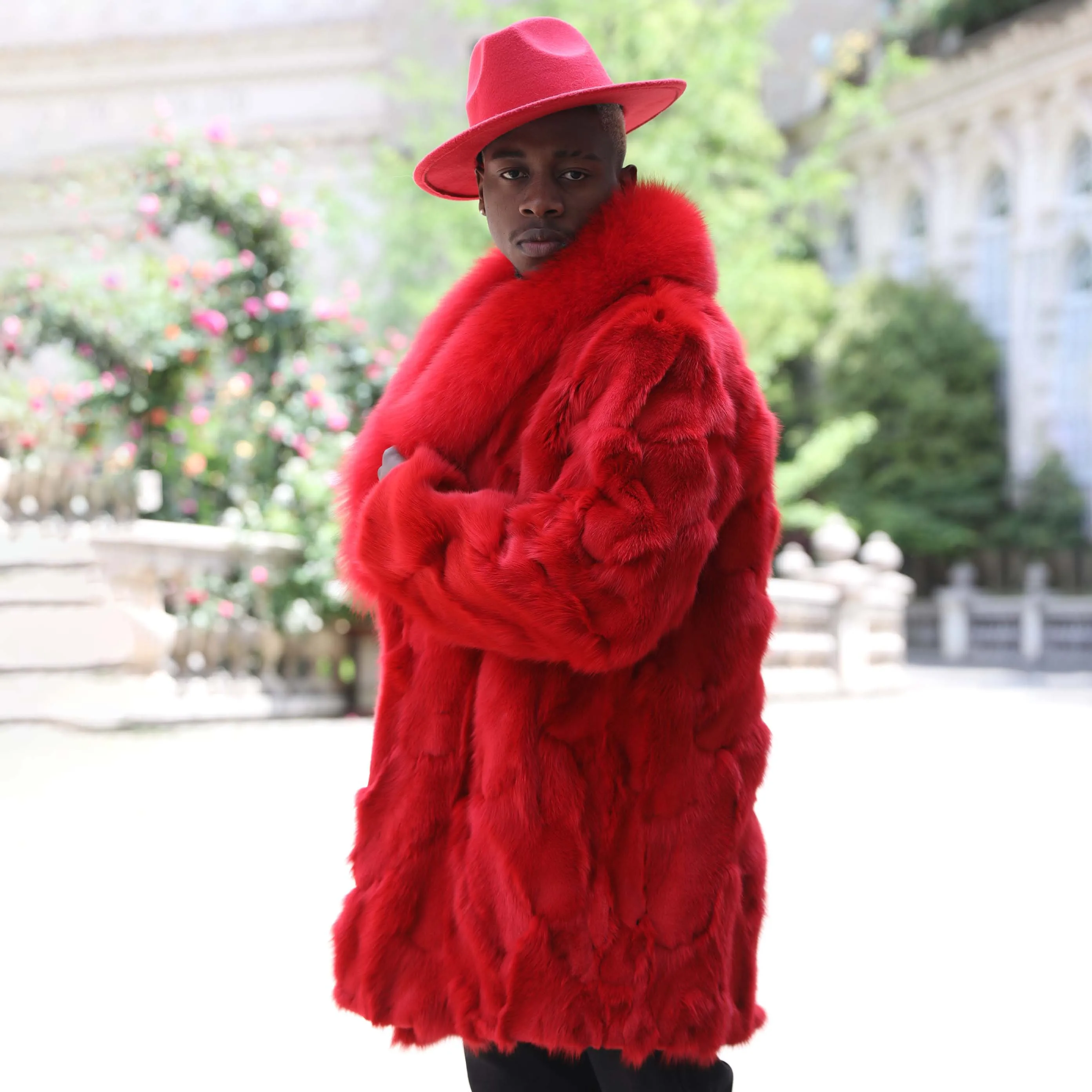 Factory Directly Sell Red Color Customized Real Animal Fox Fur Coat Men