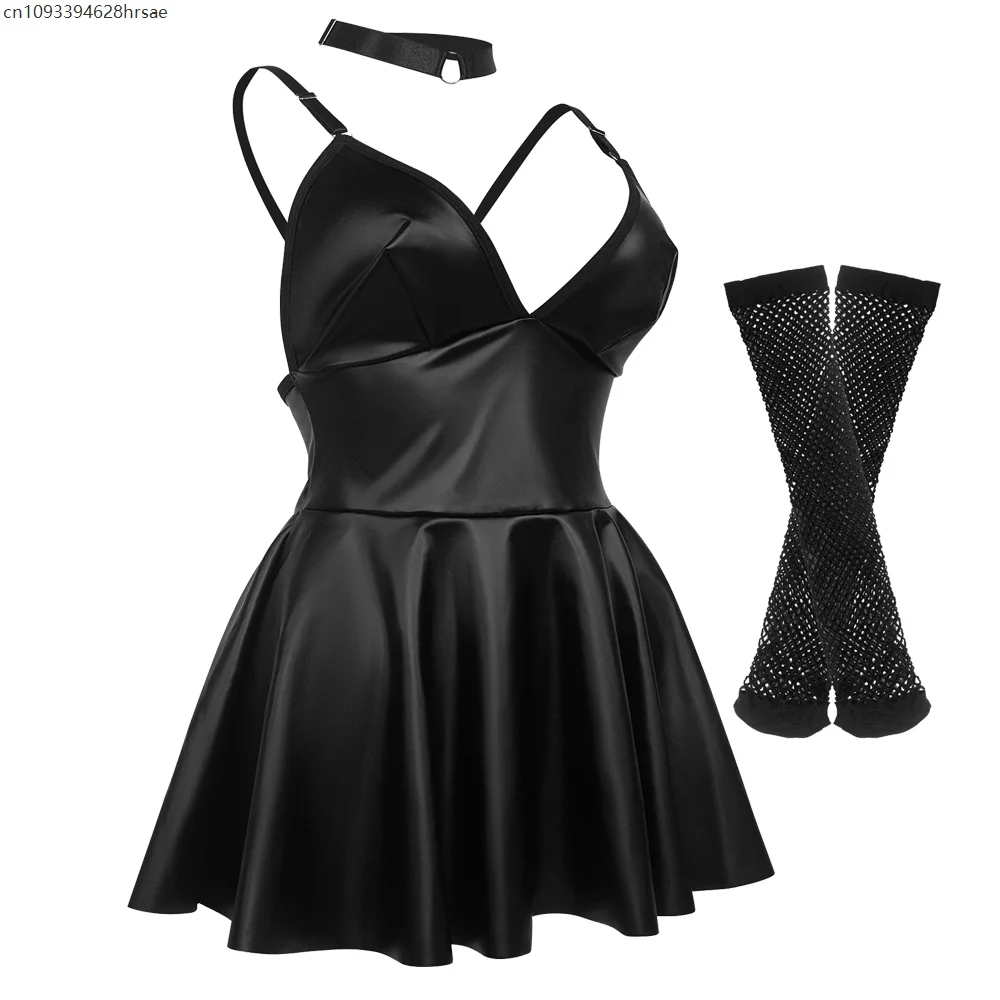 

Women Sleeveless Backless Leather Bodycon Dress Low Cut Trim Bodysuit Black Shirts Halloween Carnival Party Uniform Suit