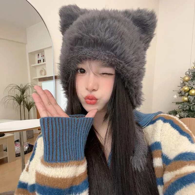 2023 Halloween Winter Plush Cute Cat Ears Beanies Women Pullover Hats Korean Ear Protection Strap Beanies Hat with Earflap