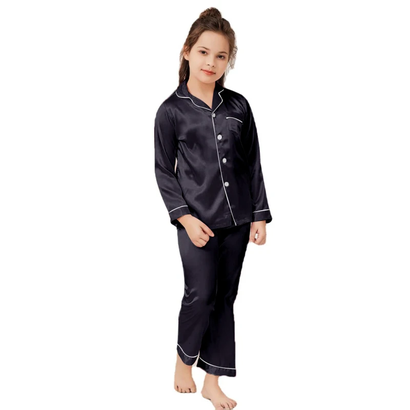 Wholesale Pajamas Little Kids Boys Girls Satin Silk Black Sleepwear Set Button-Down Satin Clothes Long Sleeve Loungewear D65
