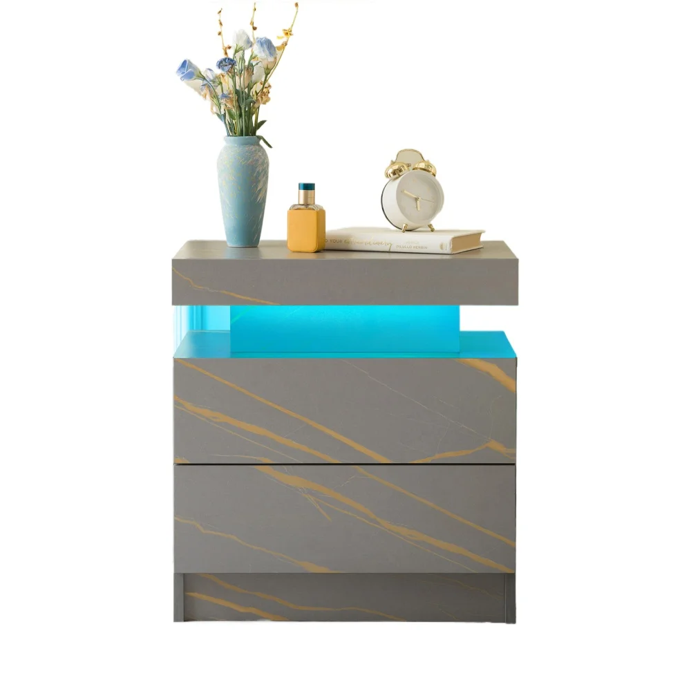 

Nightstand LED Bedside Table Cabinet Lights Modern End Side with 2 Drawers for Bedroom (Grey Gold)