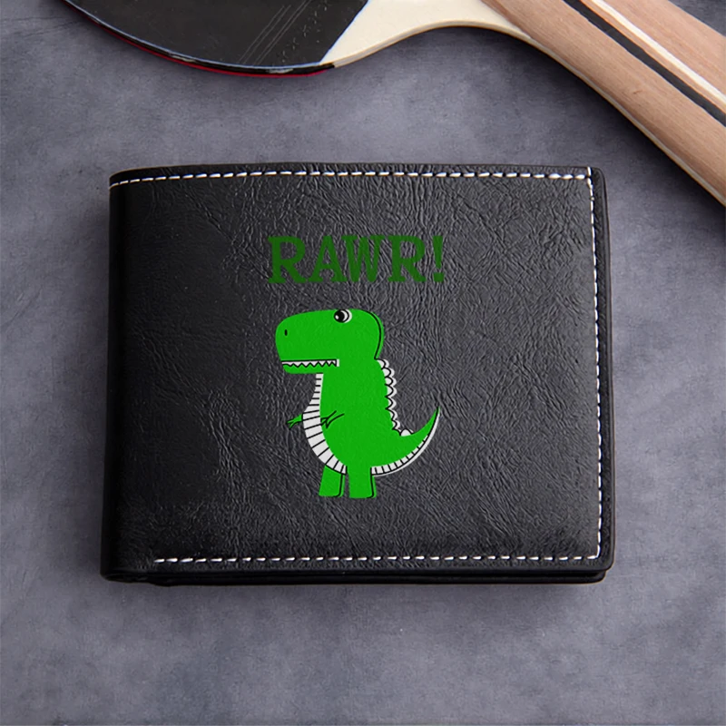 RAWR DINO DESIGN MEN'S PU LEATHER WALLET LIGHTWEIGHT DURABLE BUSINESS STYLE COMPACT BIFOLD WITH GREEN DINOSAUR MOTIF