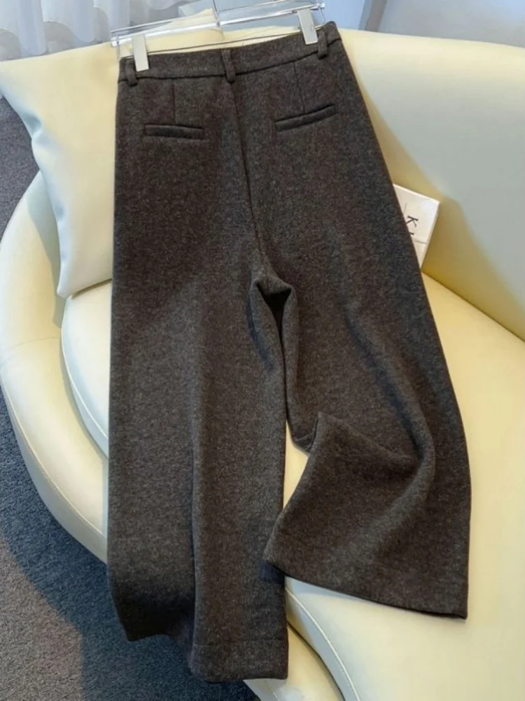 Hohe Taille Gerade Bein Woolen Breite Bein Hosen Kaffee Farbe Casual Hosen für Frauen Pendeln Sle Koreanische Version Reine Farbe