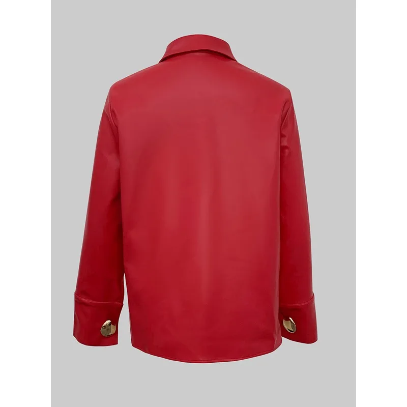 Women's Faux Leather Button Down Shirt - Elegant Red Long Sleeve Blouse with Gold Buttons for Office & Party for 2026 Spring view 3
