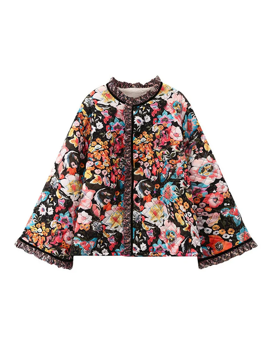 Women Winter Quilted Jacket Casual Floral Print Lightweight Long Sleeve Button Cardigan for Fall Outwear Streetwear