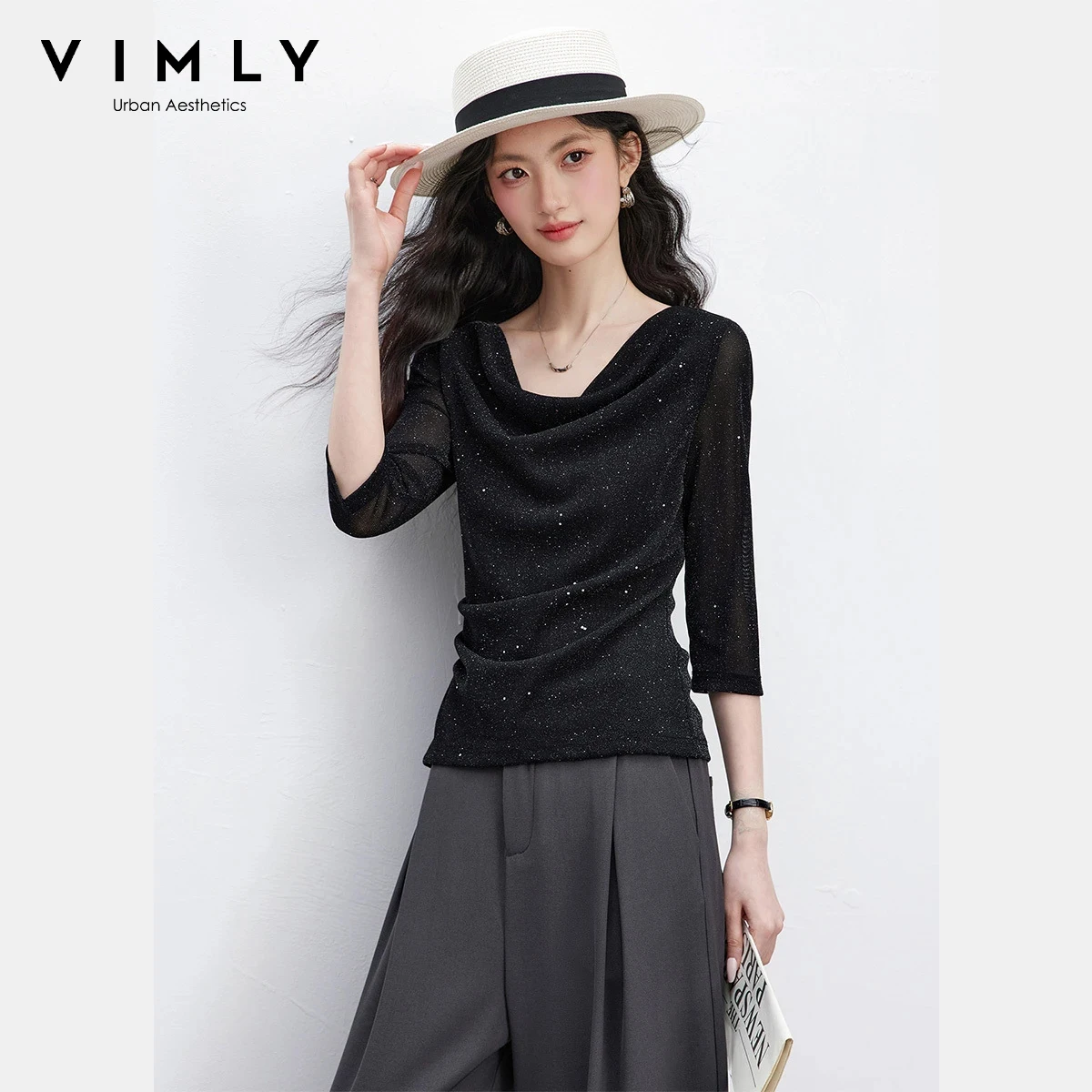 VIMLY Long Sleeve T-shirts for Women 2026 Spring New Fashion Casual Cowley Neck Mesh Sheer Shimmer Ruched Daily Fitted Top A5108