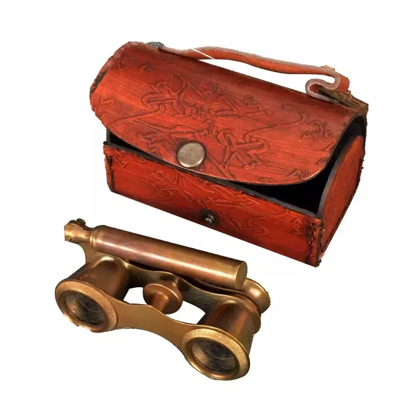 

Brass Antique Retro Telescope European Style Double Tube with Leather Gift Box British Decoration Film and Television Props