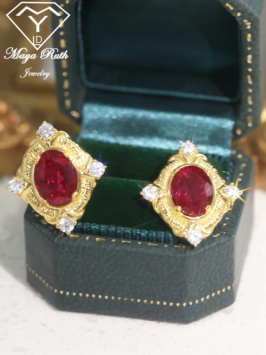 Imagem -06 - Created Ruby 925 Sterling Silver Gold Plating Brincos Designer para Mulheres Estilo Vintage Itália Retro Gemstone Red Halo Jewelry Lab