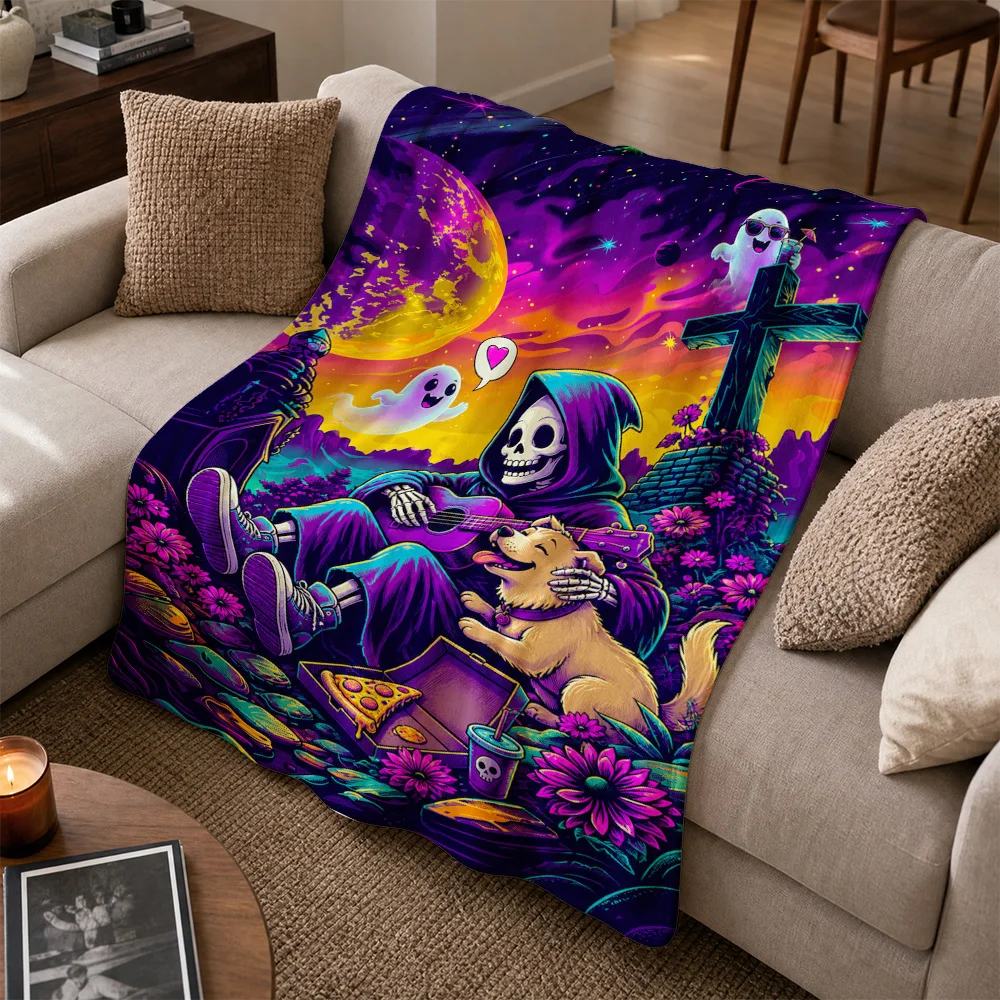 Gothic Halloween Throw Blanket Skeleton Ghost Dog Design Horror Night Home Decor Cozy Fall Season Plush