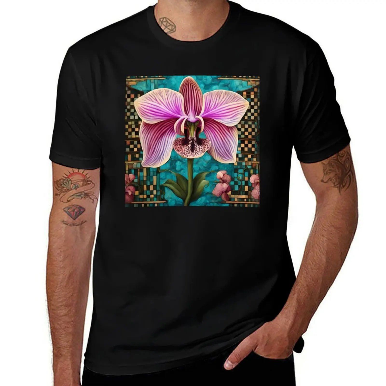 Beautiful orchid on a checkerboard background in turquoise and pink tones. T-Shirt Casual Fashion Print Tee Top T-Shirt