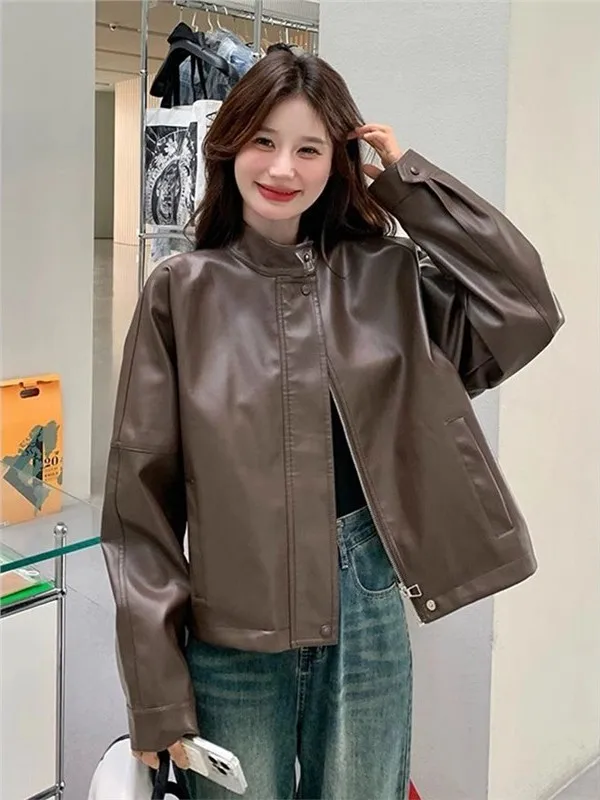 Brown Leather Jacket Women's Spring Autumn New Hong Kong Style Loose Short Motorcycle Jacket Top Youth Commute Casual Pure Color
